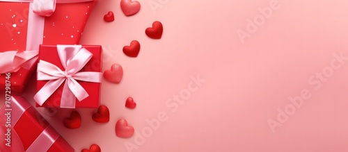 Hearts in red Box Gift. Valentines day in pink background copy space. Generative AI.