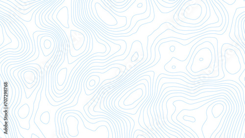 Abstract bule topographic map, vector background with height lines. Abstract blue background with map contour. Moden blue lines of the relief map on a white background. Vector grid map.	 photo