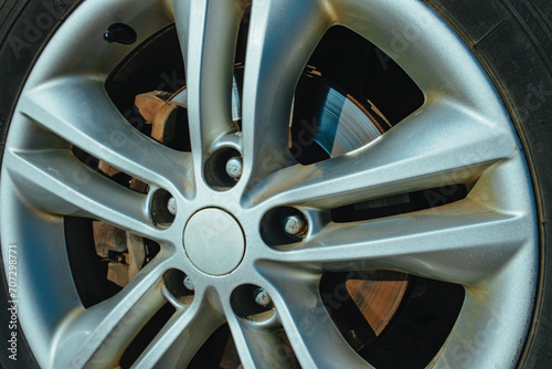 Car wheel close-up view with brake disk