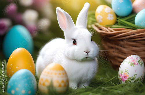 Easter bunny and colorful eggs on green grass