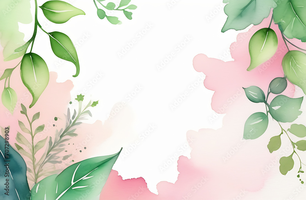 Watercolor floral background with leaves and space for text. 
