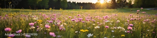 many different flowers grow in a green patch in the middle of the meadow.
