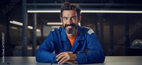 man in blue sitting at table smiling.