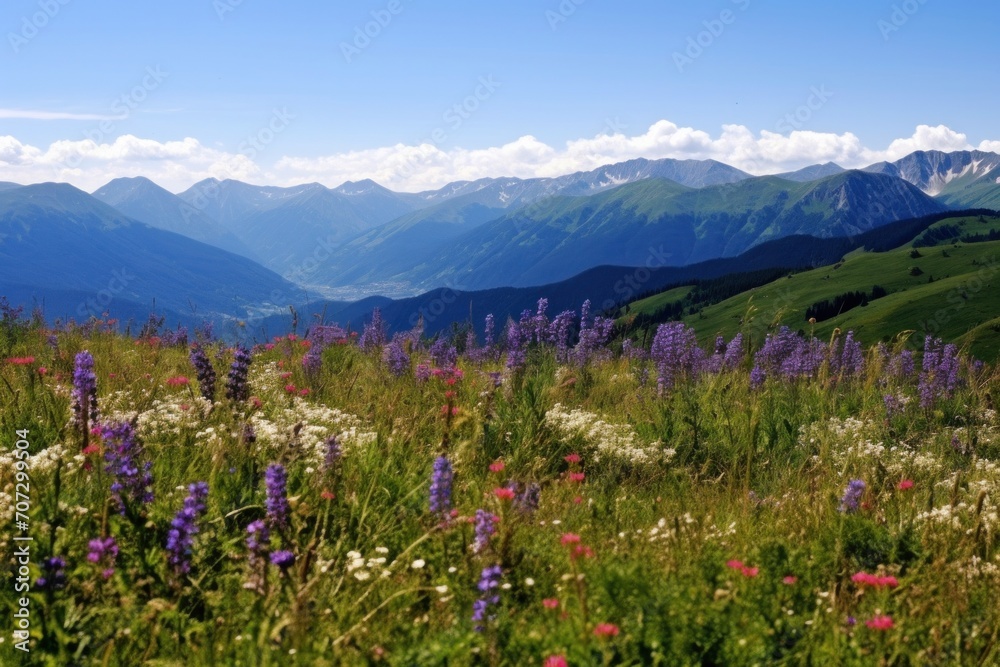 Fototapeta premium Mountain Wildflowers. A panoramic view of mountains adorned with a profusion of wildflowers.
