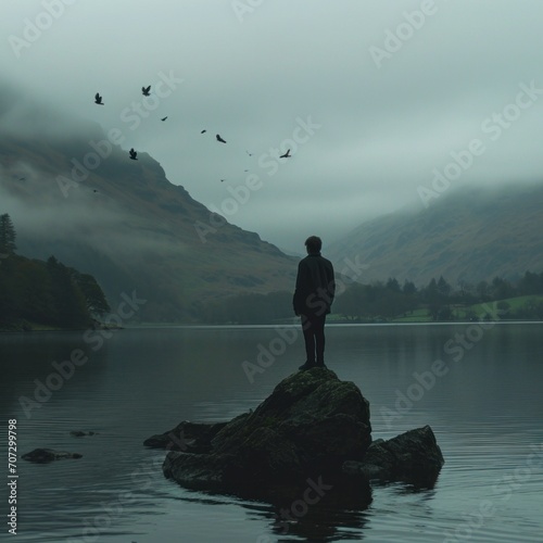 man standing on rock with birds flying.
