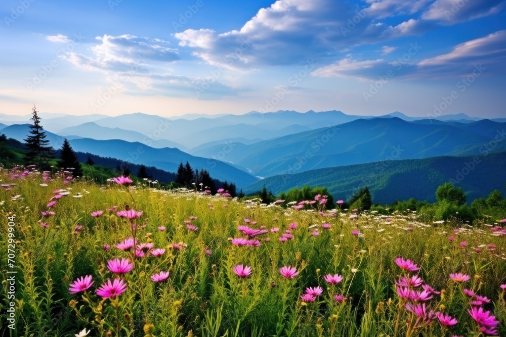 Mountain Wildflowers. A panoramic view of mountains adorned with a profusion of wildflowers.
