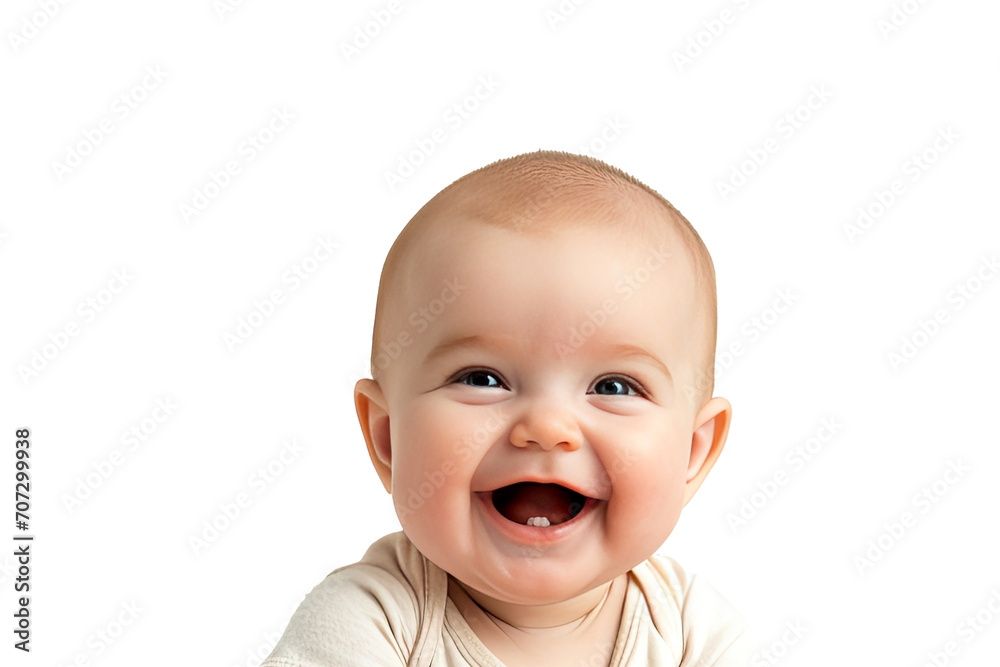 Portrait studio of young adorable baby with happy smile isolated on transparent background.