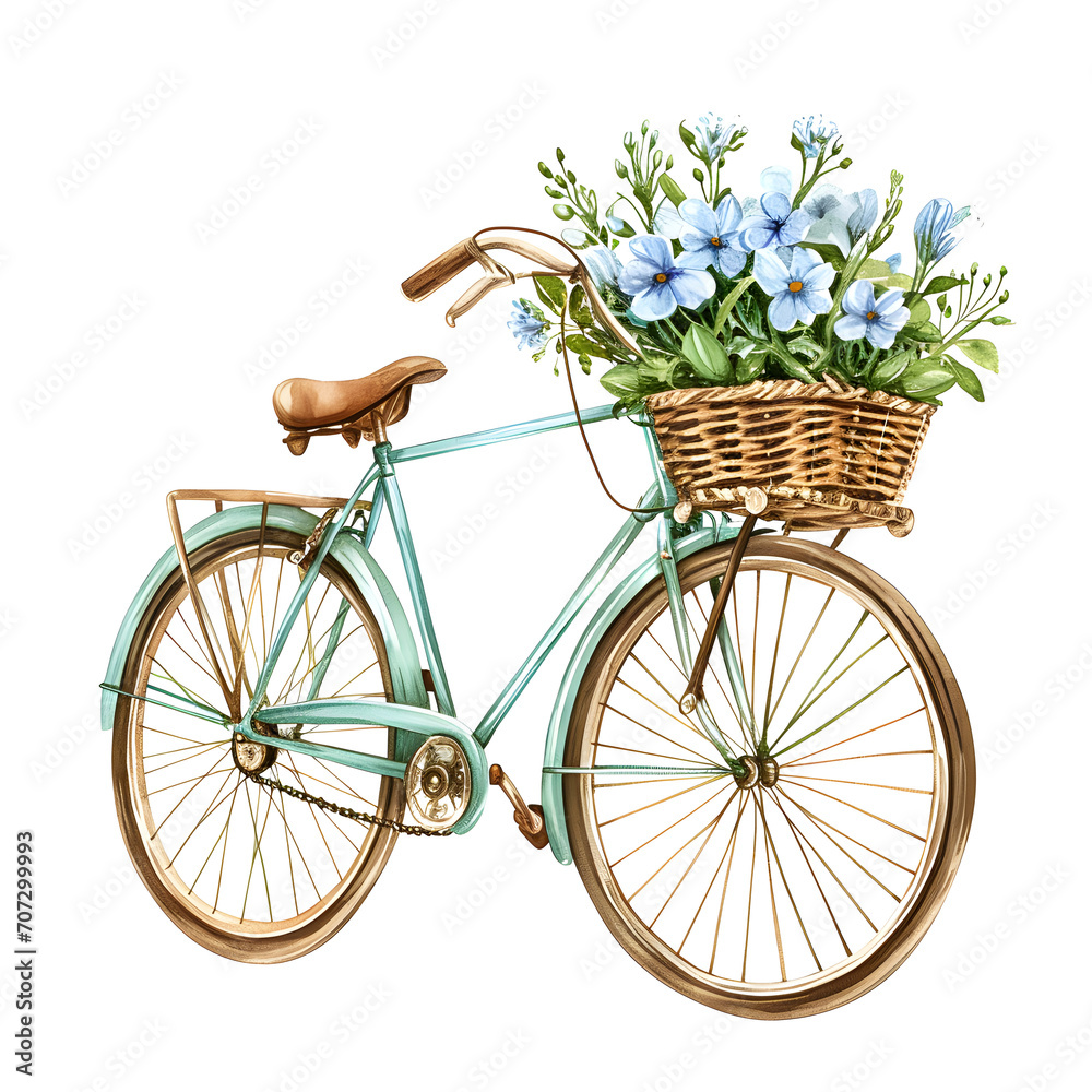 Vintage bicycle with a basket of wildflowers isolated on white background, simple style, png
