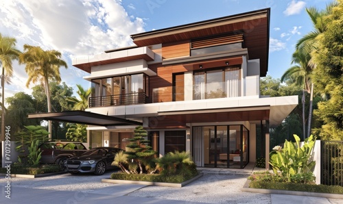 idlewolf residences a threestorey contemporary house with large driveway and parking area. © olegganko