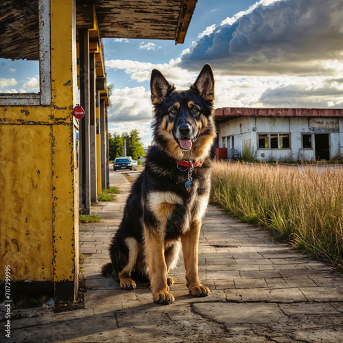 Golden Hour Guardian: A German Shepherd Dog Amidst Urban Decay