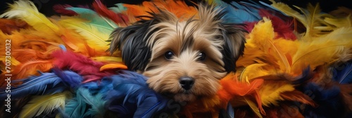 Cute domestic dog among colorful feathers, banner