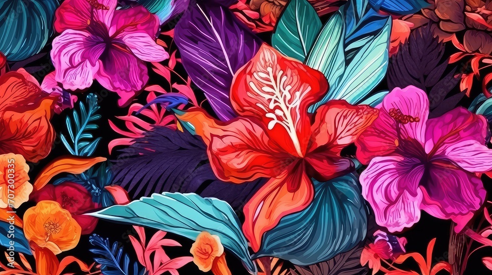 Seamless tropical pattern with hibiscus flowers and palm leaves. Seamless tropical pattern with hibiscus flowers and palm leaves.