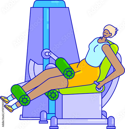 Female athlete exercising on leg press machine at gym. Fitness woman working out, wearing sportswear. Gym training and muscle building vector illustration.