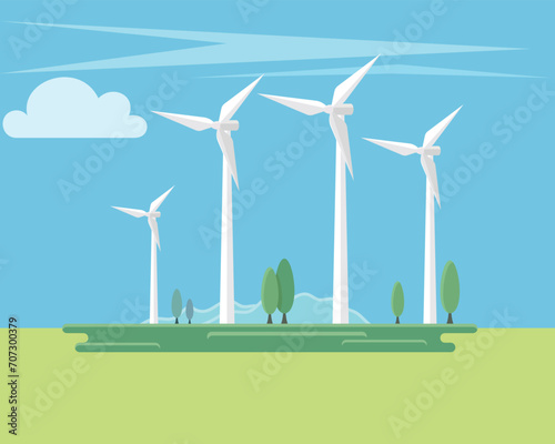 Wind turbines against the backdrop of the natural landscape, the concept of ecological energy.