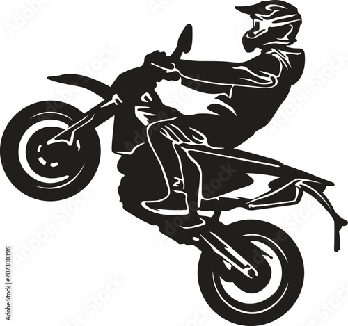 Supermoto Stunt is a black-and-white silhouette of a motorcycle on the rear wheel.