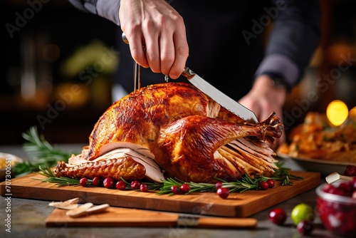 Man carving thanksgiving turkey at home photo