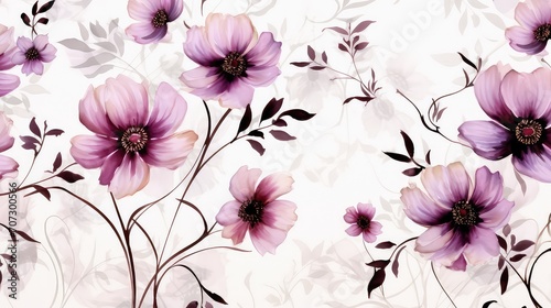 Seamless pattern with beautiful pink anemones on a white background