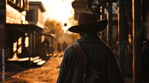 Back view of cowboy in wild west town. Created with Generative Ai technology. © Viktor
