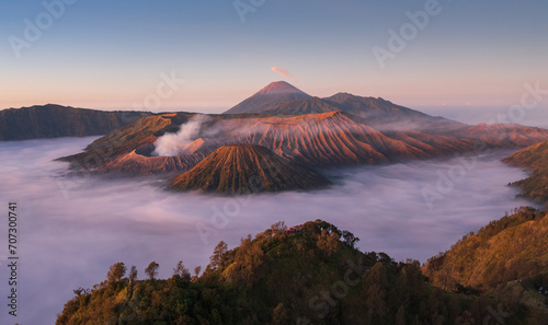 Mount Bromo in beautiful sunrise, with sea of cloud. An active volcano in Java, Indonesia