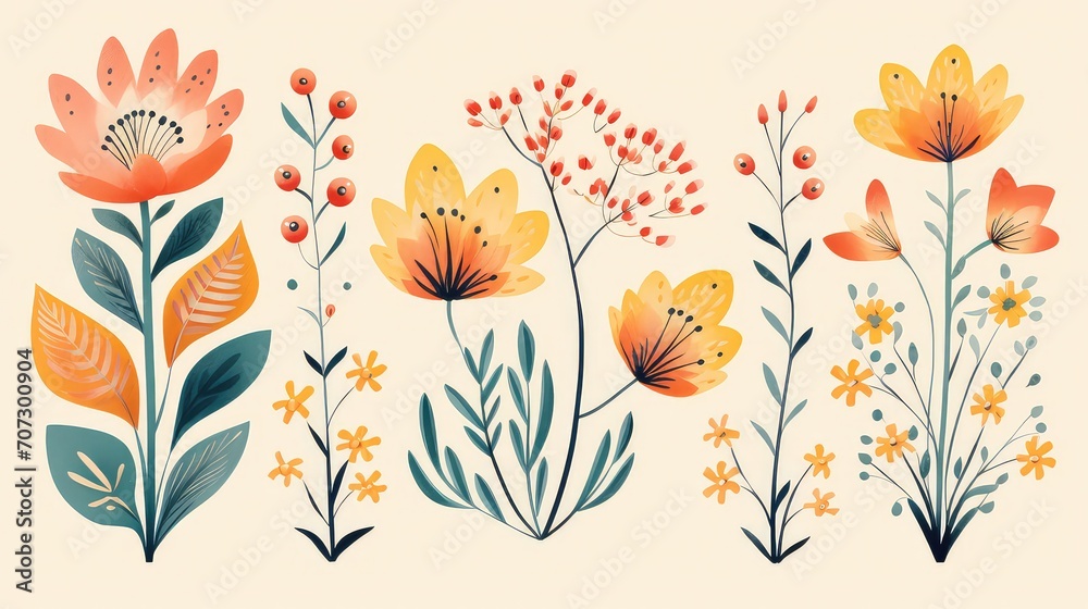 Vector set of floral elements. Collection of hand drawn flowers and leaves. Vector set of floral elements. Collection of hand drawn flowers and leaves.