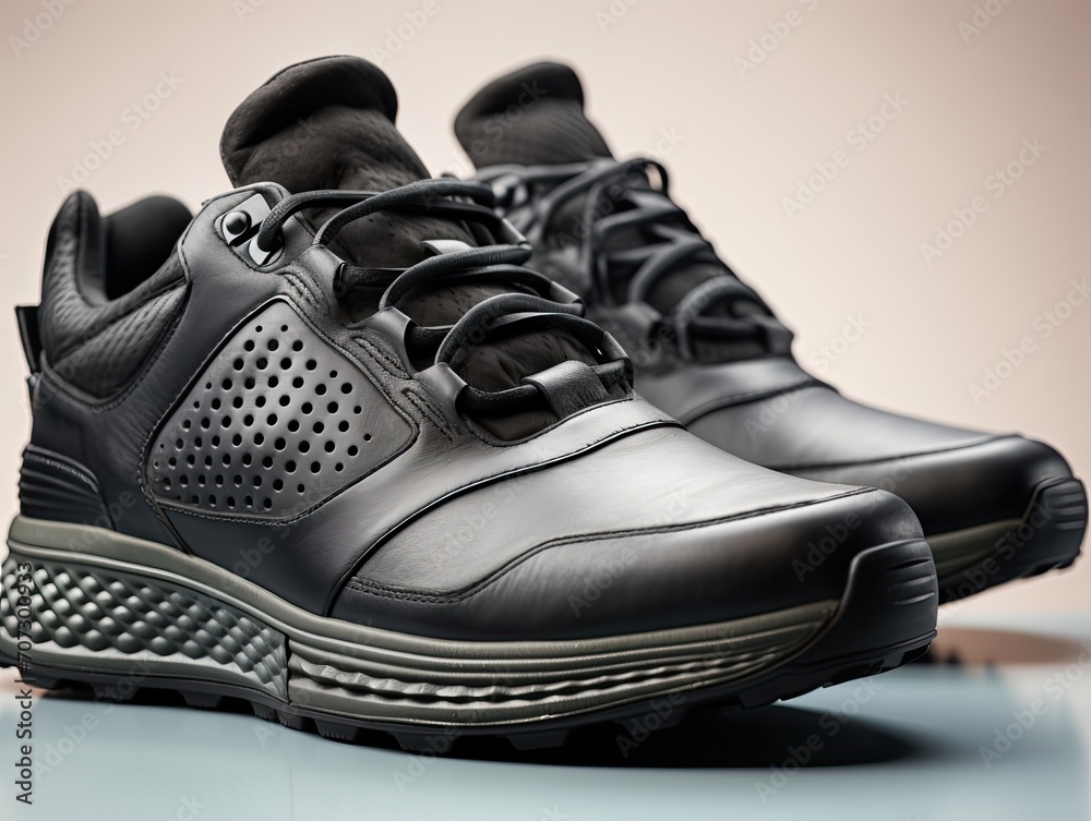 Stylish black winter sneakers on a gray background. Close-up shooting. Stylish black winter sneakers on a gray background. Close-up shooting.