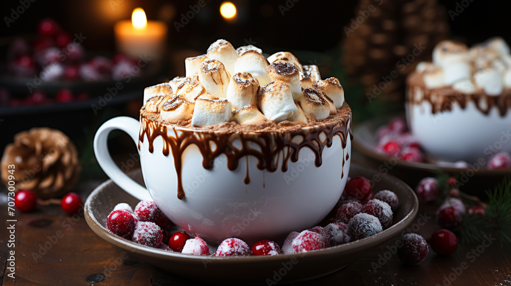 Fototapeta premium A Cup of tasty hot Chocolate And Marshmallows Generative AI