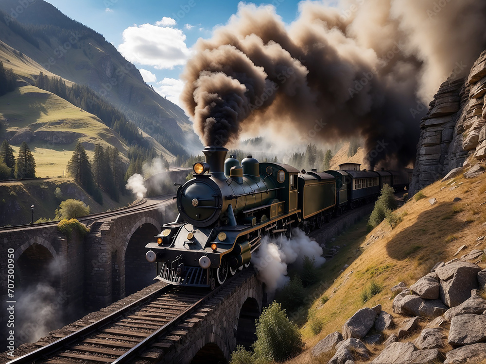 Fototapeta premium a vintage steam train, going full throttle over a bridge in mountainous terrain.