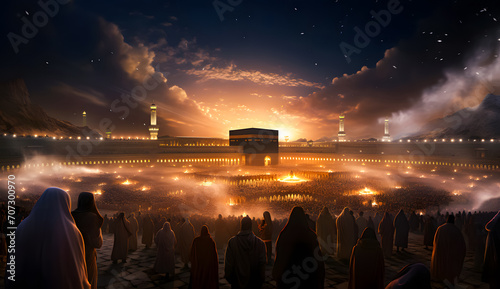 Illustration Muslim pilgrims from all over the world gathered to perform Umrah or Hajj at the Haram Mosque in Mecca, Saudi Arabia