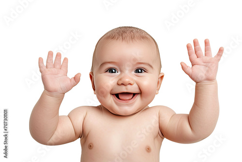 Portrait studio of young adorable baby with happy smile isolated on transparent background.