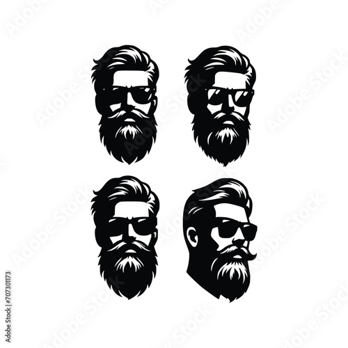 set of bearded man face hipster with various emotions vector silhouette black and white