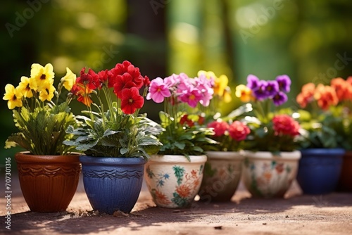Beautiful colorful variety of spring and summer flowers in pots on the patio