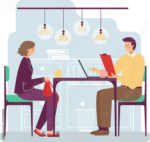 Businesswoman and man working at cafe table, laptop coffee casual meeting. Professionals working remotely at coffee shop vector illustration