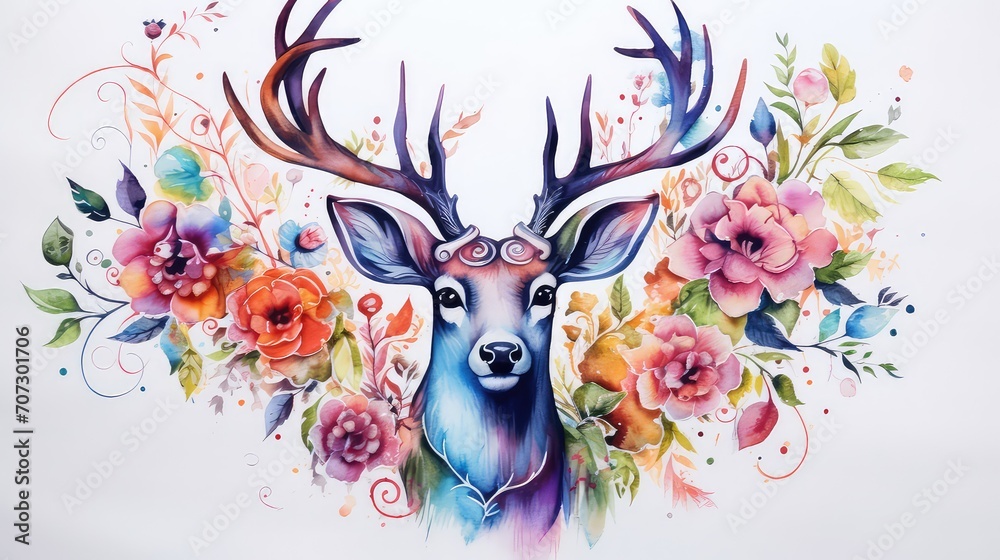 Fototapeta premium Watercolor deer with flowers and leaves on white background.