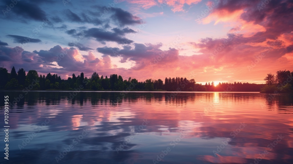 A serene, pastel-hued sunset over a calm, reflective lake.