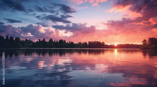 A serene, pastel-hued sunset over a calm, reflective lake. © raoo