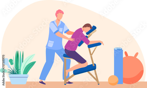 Male massage therapist giving back massage to female client in chair. Relaxation and wellness therapy session. Health care, physiotherapy and stress relief vector illustration. © Vectorwonderland