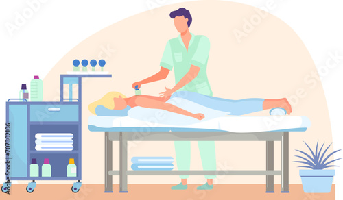 Female masseuse giving a back massage to a client in a spa setting. Woman relaxing during a professional therapeutic massage. Spa treatments and wellness concept vector illustration.