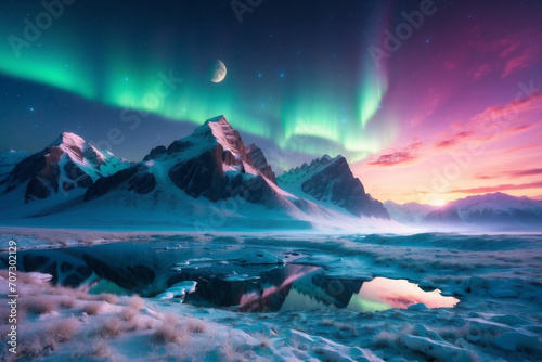 Aurora Borealis (Northern Lighting) Icy Mountainscape with Reflective Body of Water Below