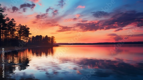 A serene  pastel-hued sunset over a calm  reflective lake.