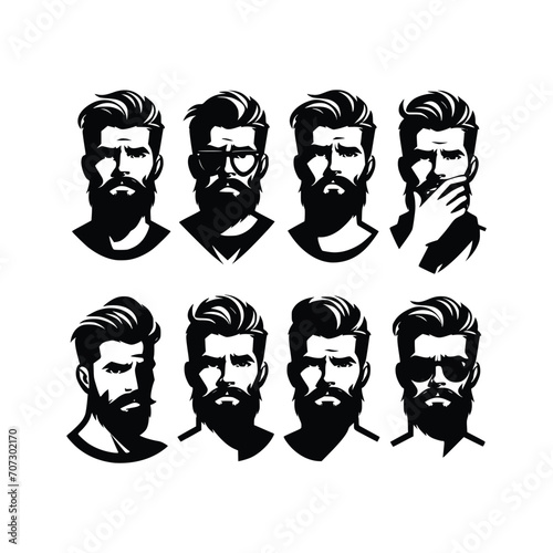 set of bearded man face hipster with various emotions vector silhouette black and white