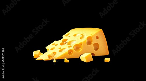 a wedge of isolated yellow cheese with holes, rendered in a realistic style, isolated on a black background.