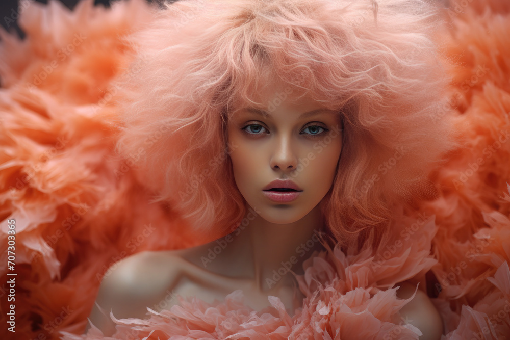 Girl with hairs painted in color of the year 2024 Peach Fuzz. Peach Fuzz Modern fashion concept.Portrait of Beautiful modern young woman Girl with hairs painted in color of the year 2024 Peach Fuzz. Peach Fuzz Modern fashion concept.Portrait of Beautiful modern young woman