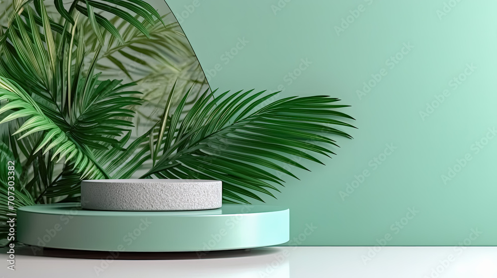 Obraz premium White podium on a serene mint background adorned with graceful palm leaves