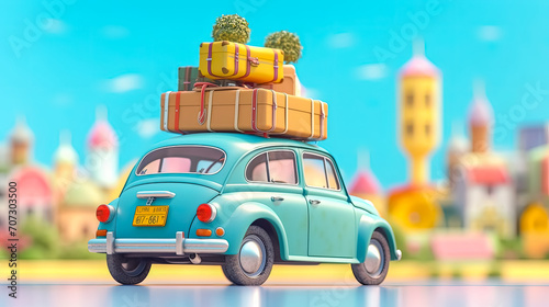 A compact retro car, rooftop loaded with luggage and beach essentials © Алла Морозова