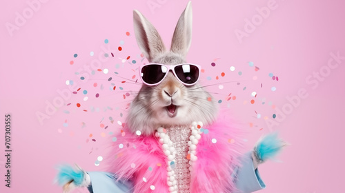 Cute rabbit with sunglasses on a pink background