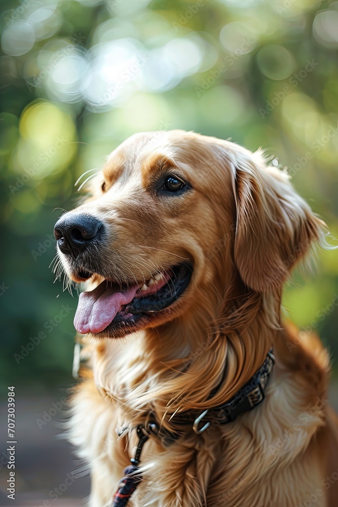Close portrait of a purebred golden Retriever dog. Summer sunny day at the city park. Copy space.