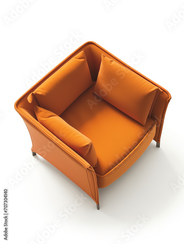 Poltrona laranja com duas almofadas pequenas vistas de cima isolada no fundo branco photo