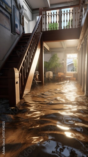 Flooded private house Interior. Climate change and natural disasters oncept.