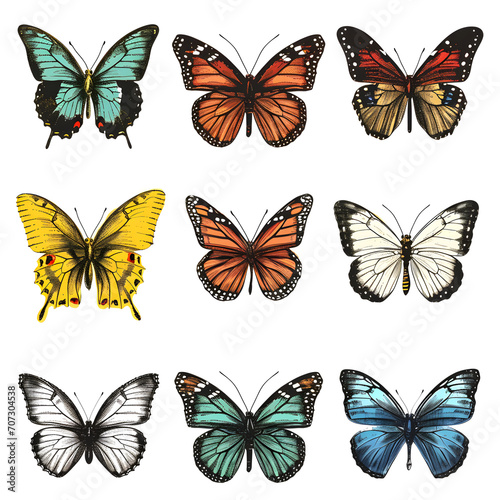 Vintage-inspired butterfly collection isolated on white background, pop-art, png  © Pixel Prophet