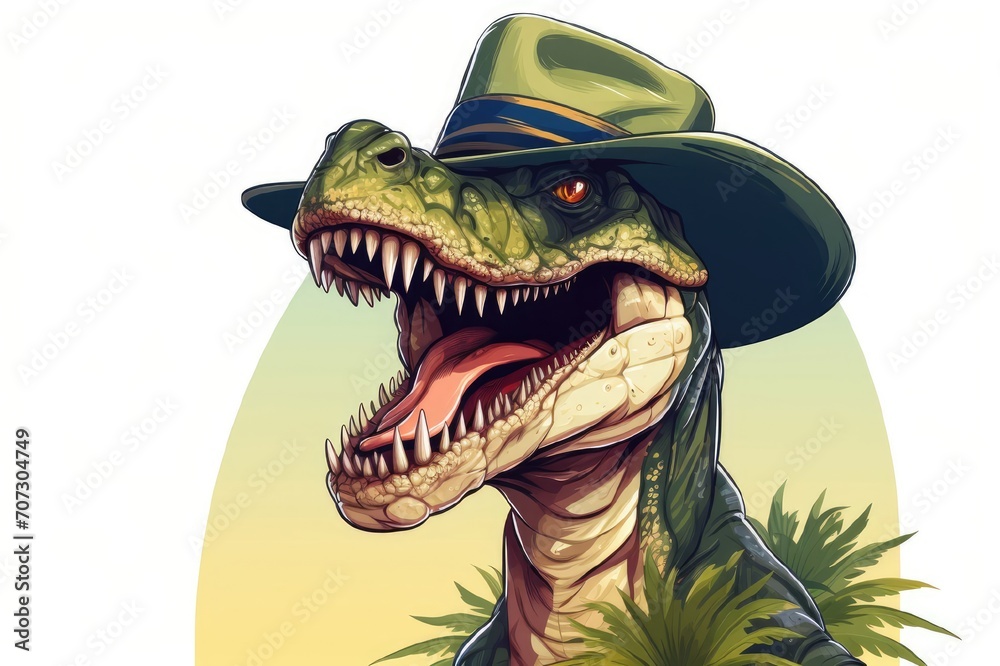 Illustration of T-Rex dinosaur wearing a gentleman's hat on a white background Illustration of T-Rex dinosaur wearing a gentleman's hat on a white background